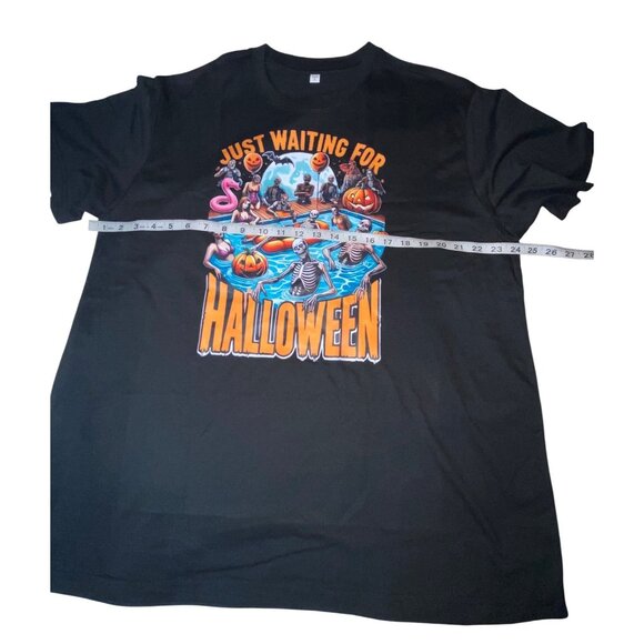 Just Waiting For Halloween Skeleton Pool Party Graphic Unisex Black T-Shirt XL - Picture 3 of 5